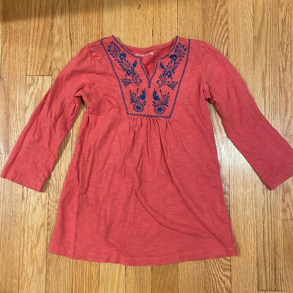 Garnet Hill Girls Coral Orange Tunic Top | Blue Embroidery Size L